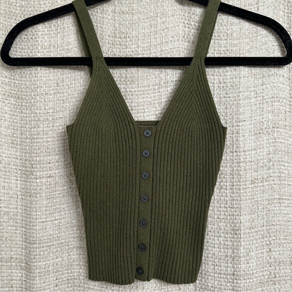 Aerie Button Front Ribbed Sweater Cropped Tank Top Olive Green Size Small